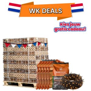 Hele pallet houtbriketten naar keuze + 5 zakken aanmaakhout, kokosbriketten of oranje feestverlichting